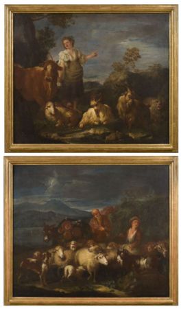 Paire de paysages avec bergers et troupeaux