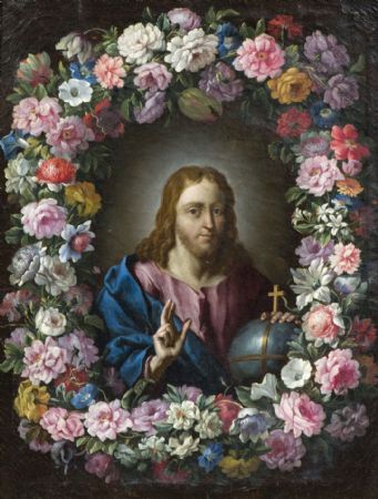 Guirlanda de flores com Cristo abençoando