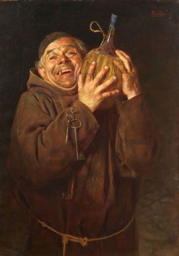 Gaetano Bellei (Modena 1857-1922) "Monaco lachend mit Flasche Wein"