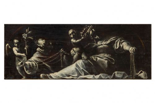Saint Dominic with the Virgin of the Rosary accompanied by two little angels carrying a lily and a crown of roses