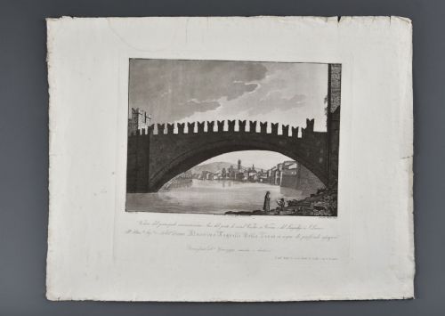 Bennassuti Giuseppe 1825 VIEW OF THE MAIN FAMOUS ARCH OF THE CASTEL VECCHIO BRIDGE IN VERONA, AND THE LUNGADIGE OF S. LORENZO