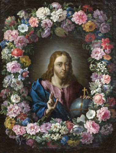 Guirlanda de flores com Cristo abençoando