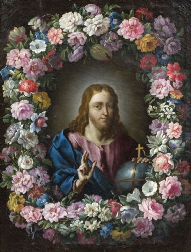 Garland of flowers with Christ blessing