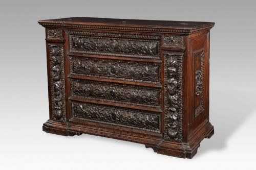 Carved walnut wood chest of drawers, 16th century