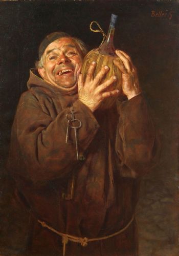 Bellei Gaetano (Modena 1857-1922) "Monaco laughing with flask of wine"